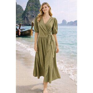 Jim Thompson Midi Wrap Dress 10 Short Puff Sleeve Khaki Green Washable NEW